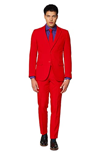 OppoSuits Modisch Party Einfarbige Anzüge für Herren - Mit Jackett, Hose und Krawatte, Rot (Red Devil), 46 EU von OppoSuits