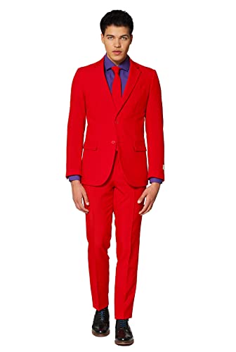 OppoSuits Modisch Party Einfarbige Anzüge für Herren - Mit Jackett, Hose und Krawatte, Rot (Red Devil), 58 EU von OppoSuits