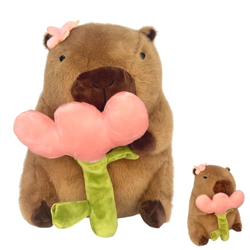 OptiPlay Capybara Kuscheltier, 30cm Capybara Plüschtier, Wasserschwein Kuscheltier, Capybara Stofftier, Capybara Plushie Puppen, Capybara mit Blume, Spielzeug für Kinder Jungen Mädchen von OptiPlay