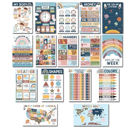 Englisches Lernposter für Kinder, 16 x Lernposter, buntes Sprach-Charts, Preschool Learning Tool, Home School Teaching Resource, Visual Aid, Fun for Boys, Girls von Opvonxeh