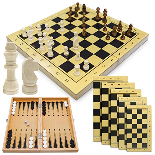 3in1 Holz Schachbrett Brettspiele Sammlung Schach Dame Backgammon Spiel 65tlg Set - Schachfiguren und Klappbrett aus Holz - Schachset für Kinder Anfänger Reise - klappbar tragbar faltbar (34x34cm) von Oramics