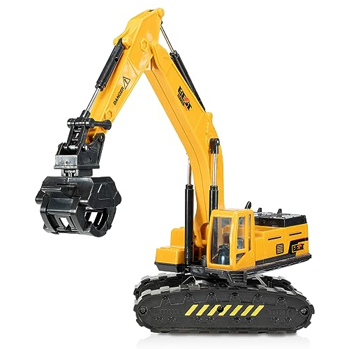 Oramics Raupenbagger Kettenbagger Baustellenfahrzeug Metall Kunststoff mit Rückzugsfunktion und Drehmechanismus - Spielzeug Bagger drehbare Kabine beweglicher Greifarm Kinderspielzeug (Holzgreifer) von Oramics