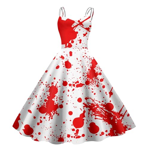 Horrorbraut Kostüm Halloween, Halloween Kostüm Damen Gruselig Brautkleid Halloween Kostüm Damen Mit Blutigem Aufdruck Damen Rockabilly Cocktailkleid Tunikakleider Rundhals Schwingen (A-Red, M) von Orbgons