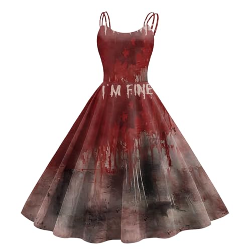 Horrorkostüm Halloween Kleid, Gruselig Zombiebrautkostüm Damen Halloween Kleidung Mit Blutigem Aufdruck Lässig Party Rockabilly Cocktailkleid Tunikakleider Rundhals Schwingen Gastkleider (Purple, M) von Orbgons