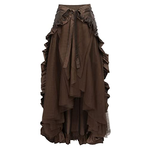 Orbgons Pirat Kostüm Damen, Mittelalter Rock Damen Lang Piraten Rock Retro Elastische Taille Steampunkkleid Mittelalter Rock Lang Unregelmäßiger Saum Maxirock Für Halloween Cosplay (Brown, XXXL) von Orbgons