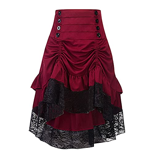 Orbgons Steampunkkostüm Damen, Damen Steampunkgothic Mehrfarbig Lagig Chiffon Schwarz Spitze Rock Steampunkrock Für Damen, Gothic, Vintage, Übergröße, Hoch, Niedrig, Cosplay-Kostüm (Red, S) von Orbgons