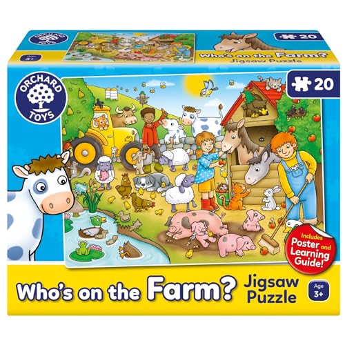 Orchard Toys Who's On The Farm? Puzzle, 20-teiliges Bauernhof-Puzzle, für Kinder ab 3 Jahren, inklusive Poster und Lernanleitung (evtl. Nicht in Deutscher Sprache) von Orchard Toys