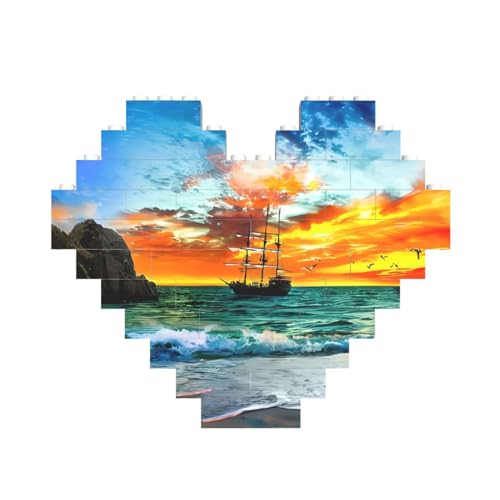 Piratenschiff im Sonnenuntergang Druck Baustein Herz Baustein personalisierte Ziegelstein-Puzzles Neuheit Ziegel-Puzzle für Männer Frauen Geburtstag Valentinstag Geschenke von OrcoW