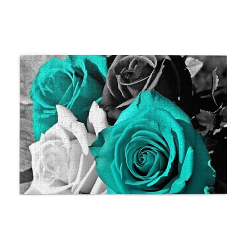 Schwarz-weiß-blaugrün-grauer Rosen-Blumen-Druck, Puzzle, Holzpuzzle, lustiges Puzzle, 1000 Teile, für Erwachsene, Geburtstag, Weihnachtsgeschenk von OrcoW