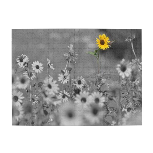 Schwarze und weiße Sonnenblumen-Druck-Puzzle, personalisiertes Puzzle, Holzpuzzle, lustiges Puzzle, 500 Teile, für Erwachsene, Geburtstagsgeschenk von OrcoW