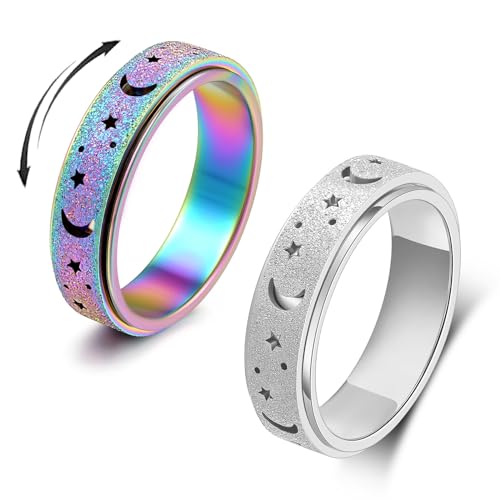 Keyoung OreilleStar Anxiety Ring for Women Spinner Ring Fidget Ring Fidget Toys Adults Spinner Rings for Anxiety Fidget Rings for Anxiety for Women Fidget Ring Men Teens Silver Rainbow Size 6 von OreilleStar
