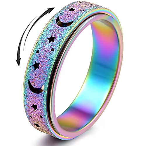 OreilleStar Anxiety Ring für Frauen Fidget Spinner Ringe Edelstahl Fidget Cute Thumb Rings for Women Men Moon Star Rainbow Size 7 von OreilleStar