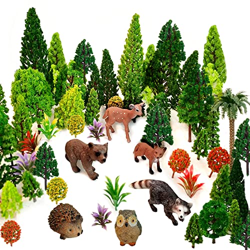 OrgMemory 48 Gemischte Modellbau Bäume, h0 Bäume mit Tierfiguren, Kunstbäume Modellbau für Projekte, (4-16 cm), Modelleisenbahn Zubehör von OrgMemory