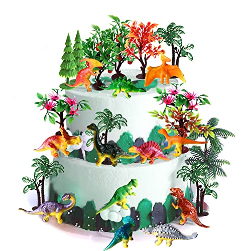Bäume Kuchen Dekorationen, OrgMemory Modellbau Bäume mit Basen, Dinosaurier Figuren für Miniatur Deko oder Cake Topper (12 Dinosaurier und Bäume) von OrgMemory