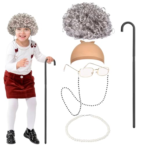 Orgoue 6 Stück Oma Perücke Kostüm Set, Alte Dame Kostüm Zubehör Oma Oma Cosplay Zubehör Alte Dame Cosplay Set mit Perücke Kappe Oma Stock Brille Halsketten Armband Perlenkette für Karneval Orgoue 6 Stück Oma Perücke Kostüm Set, Alte Dame Kostüm Zubehör Oma Oma Cosplay Zubehör Alte Dame Cosplay Set mit Perücke Kappe Oma Stock Brille Halsketten Armband Perlenkette für Karneval von Orgoue