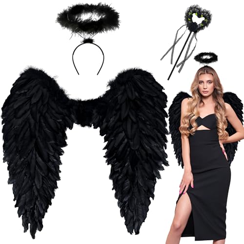 Orgoue Engelsflügel, Engelsflügel Schwarz Engel Flügel Für Faschingskostüme Federflügel Engel Engel Kostüm Damen Mit Heiligenschein Für Halloween Karneval Geburtstag Party (Black, l) von Orgoue