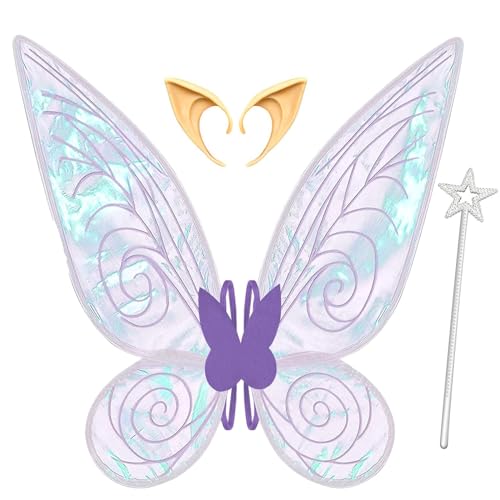 Orgoue Feenflügel, Tinkerbell Kostüm Feenflügel Tinkerbell Flügel für Erwachsene Damen Kinder, Flügel Fee mit Elfenohren und Feenstab für Halloweenkostüm Karnevalskostüm Kleid Party (Violett) von Orgoue