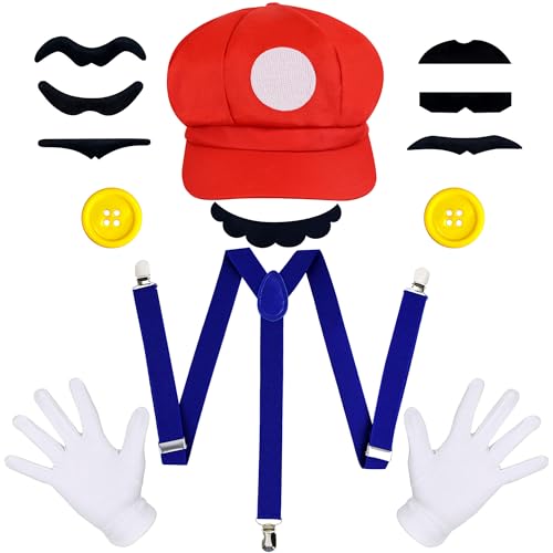 Orgoue Super Bros Kostüm, Mario Bros Kostüm Mario & Luigi Hut Kappen Schnurrbärte Handschuhe Knöpfe Hosenträger Cosplay Kostüm Zubehör Für Damen Herren Kind Für Karneval von Orgoue