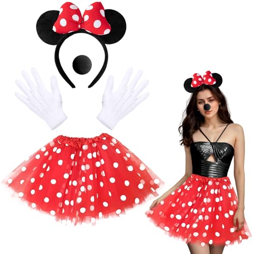 Orgoue Maus Mouse Kostüm, Mouse Kostüm Damen Mädchen Maus Mouse Kostüm Set Rot Tutu Mit Weiß Gepunktet Haarreifen Mit Maus Ohre Nasen Handschuhe Für Karneval Cosplay Party von Orgoue