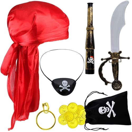 Orgoue 7 Stück Piratenkostüm Kinder Zubehör, Captain Pirate Kostüm Pirat Kostüm Piratenset Bestehend Aus Säbel + Augenklappe + Goldener Ohrring + Fernrohr + Totenkopfbeutel (Rot) von Orgoue