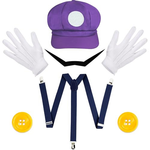 Orgoue Super Brothers Kostüm Zubehör, Super Bros Hut Schnurrbart Handschuhe Knöpfe Hosenträger Set für Erwachsene Kinder Frauen Cosplay (lila) von Orgoue