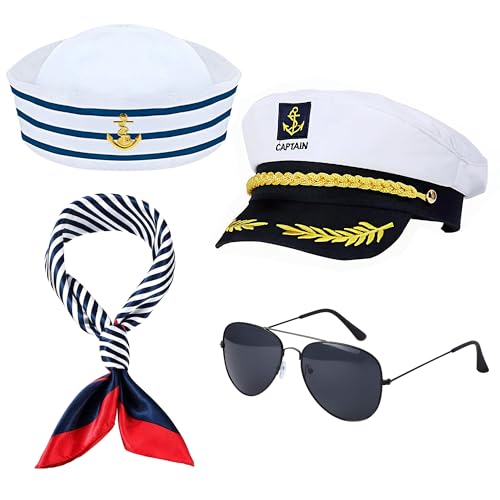 Orgoue Kapitän Kostüm Set, Marine Kostüm Matrosen Kostüm Zubehör mit Matrosenhut Schal Kapitänsmütze und Sonnenbrille für Männer Frauen für Halloween verkleiden sich Party (4Stück Kapitän Kostüm) Orgoue Kapitän Kostüm Set, Marine Kostüm Matrosen Kostüm Zubehör mit Matrosenhut Schal Kapitänsmütze und Sonnenbrille für Männer Frauen für Halloween verkleiden sich Party (4Stück Kapitän Kostüm) von Orgoue