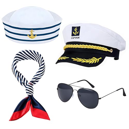 Orgoue Yachtkapitän Kostüm-Set, marineblau, Kostümzubehör mit Matrosenmütze, Schal, Kapitänsmütze und Sonnenbrille für Herren und Damen, Halloween, Verkleidung, Yacht, Rockparty von Orgoue