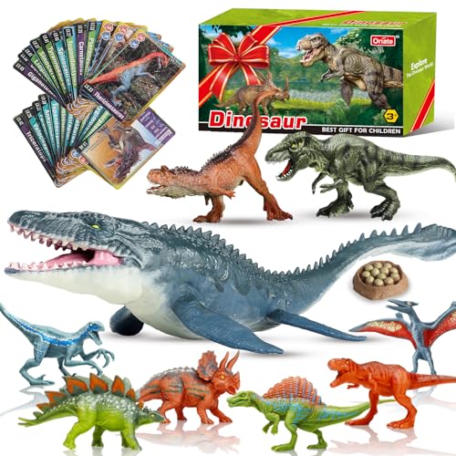 Oriate Handgefertigte 12″Mosasaurus Dinosaurier Figuren Spielzeug, Realistisch 6″Jurassic T Rex Carnotaurus Dino Spielzeug, 6mini Dinos & Dino Ei für Kuchendeko Party Kuchen, 25 Kartenspiel für Kinder von Oriate