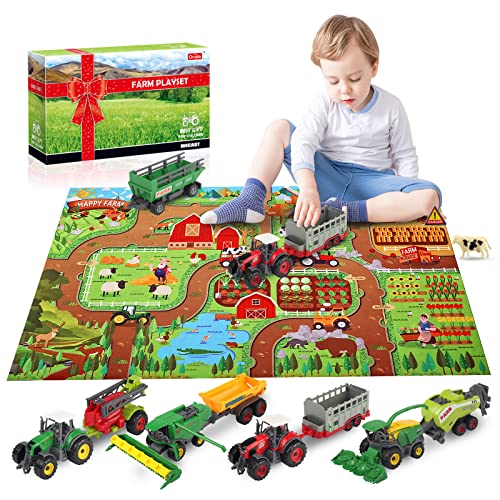 Oriate Bauernhof Traktor Spielset 34 teiliges Druckgussmodell Fahrzeugwagen LKW, Große 12CM -Spielzeug, Enthalten 120x80CM Kinder Bodenmatte, tolles Geburtstagsgeschenk für Jungs Mädchen von Oriate