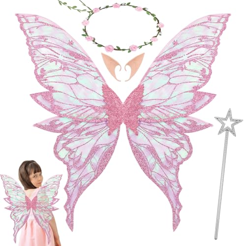 Orifinter Feenflügel Erwachsene, Schmetterlingsflügel Feen Kostüm Damen, Faschingskostüme Damen, Elfenflügel mit Feenstab für Karneval Halloween Kostüm Geburtstag Cosplay Comic Con Themed Party (Rose) von Orifinter