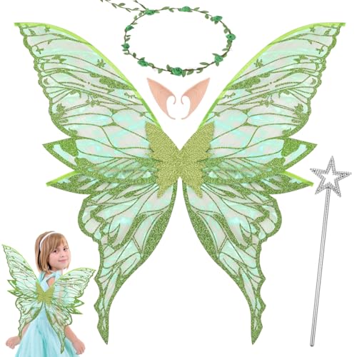 Orifinter Feenflügel Erwachsene, Schmetterlingsflügel Feen Kostüm Damen, Faschingskostüme Damen, Elfenflügel mit Feenstab für Karneval Halloween Kostüm Geburtstag Cosplay Comic Con Themed Party (Grün) von Orifinter