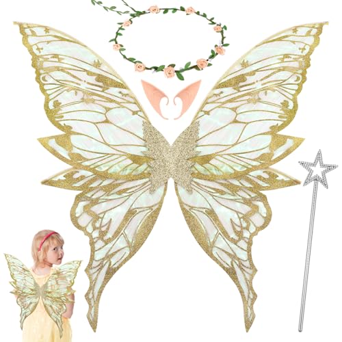 Orifinter Feenflügel Erwachsene, Schmetterlingsflügel Feen Kostüm Damen, Faschingskostüme Damen, Elfenflügel mit Feenstab für Karneval Halloween Kostüm Geburtstag Cosplay Comic Con Themed Party (Gold) von Orifinter