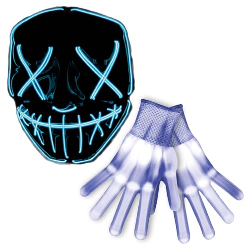 Leuchtende Handschuhe und blaue LED-Maske The Purge | Komplettpaket mit Skelettfingern und Neonmaske | Halloween, Karneval, Festivals | Unisex-Kostüm | 100% Spaß | OriginalCup® von Original Cup