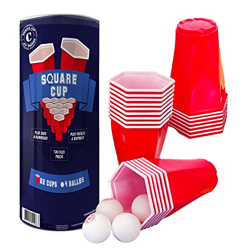 Offizieller Original Square Cup | Beer Pong Set | Premium Qualität | 22 Rote sechseckige amerikanische Becher 53 cl | 4 Bälle | Trinkspiel | Party & Aperitif Spiel | House Party | OriginalCup® von Original Cup