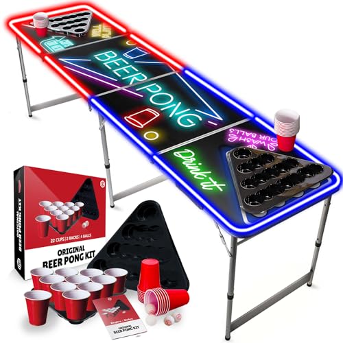 Beer Pong Offizieller Spotlightholes Tisch mit Löchern Set | 1 Glow Tisch + 2 Regale + 22 rote Becher + 4 Bälle | Kompletter Satz | Offizieller Tisch | Trinkset | OriginalCup® von Beer Pong