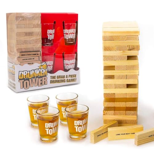 Original DrunkenTower® | Wackelturm mit Strafen | 60 Holzteile | 4 Shotgläser | Trinspiel | Party | OriginalCup® von Original Cup