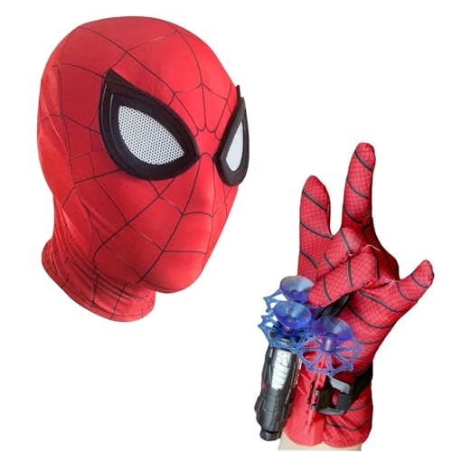 Rote Spider Maske & Netzschießhandschuh für Kinder | Ultra-realistische Lycra Maske | Werfer mit 3 Saugnapfpfeilen | Einheitsgröße | Kostüm | Perfekt für Weihnachten | Original Corner® von Original Cup