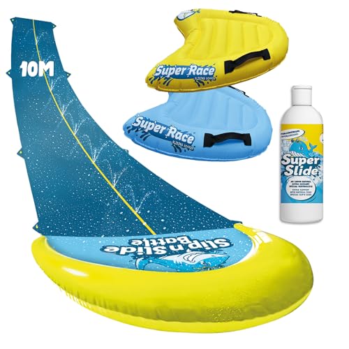 Slipn'Slide® 10 Meter XXL Pack | 1 Doppelspur Wasserrutschmatte 10 Meter + 2 Bodyboards + 1 Extra-Rutsch-Naturseife | Slip and Slide Rutschmatte | Wasserspiel für Kinder & Erwachsene | OriginalCup® von Original Cup
