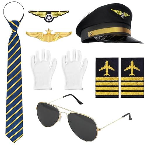 8 stück Pilot Kapitän Kostüm Zubehör, pilotenmütze herren Kit mit Pilot Kapitän Hut Pin Krawatte Abzeichen Schulterriemen Sonnenbrille Fäustling Für Erwachsene Männer Fasching Karneval Party 8 stück Pilot Kapitän Kostüm Zubehör, pilotenmütze herren Kit mit Pilot Kapitän Hut Pin Krawatte Abzeichen Schulterriemen Sonnenbrille Fäustling Für Erwachsene Männer Fasching Karneval Party von Orizizhic