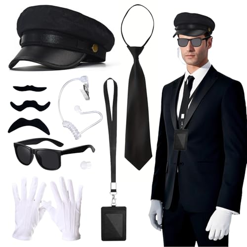 9-teiliges Agenten-Kostüm-Zubehör-Set, Geheimsicherheitsbeamter mit schwarzem Hut, Sonnenbrille, weißen Handschuhen, Krawatte, Ohrmuschel, Ausweis, für Teenager, Erwachsene, 1920er-Jahre, 9-teiliges Agenten-Kostüm-Zubehör-Set, Geheimsicherheitsbeamter mit schwarzem Hut, Sonnenbrille, weißen Handschuhen, Krawatte, Ohrmuschel, Ausweis, für Teenager, Erwachsene, 1920er-Jahre, von Orizizhic