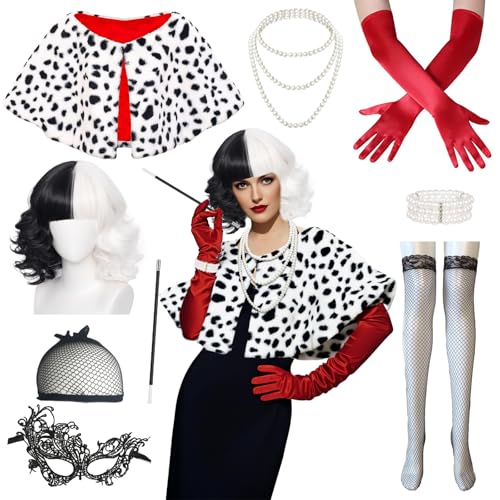 Cruella Kostüm Damen 9 PCS Schwarz Weiß Perücke Halloween Damen Cruella Deville Kostüm Zubehör Set, Weiß Schwarz gepunkteter Schal Perückenkappe Netzstrümpfe Spitze Maske für Karneval Mottoparty Cruella Kostüm Damen 9 PCS Schwarz Weiß Perücke Halloween Damen Cruella Deville Kostüm Zubehör Set, Weiß Schwarz gepunkteter Schal Perückenkappe Netzstrümpfe Spitze Maske für Karneval Mottoparty von Orizizhic