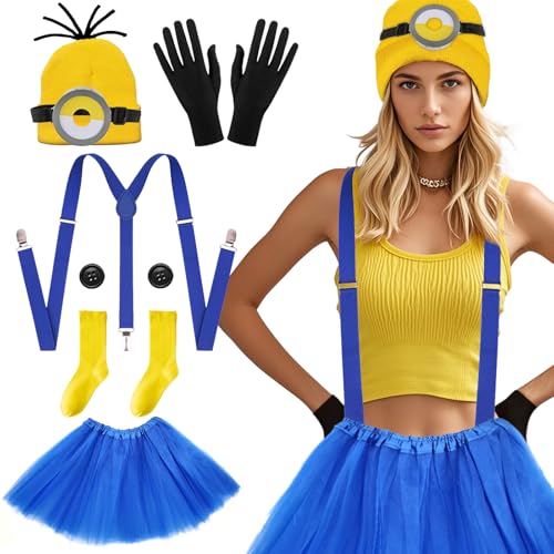 7-teiliges gelbes Cosplay-Kostüm-Zubehör-Set, Brille, gelbe Beanie, Strickmütze, schwarze Handschuhe, blaues Kleid, Hosenträgern, Halloween-Kostüm für Erwachsene, Kinder, Cosplay, Party, Weltbuchtag, von Orizizhic