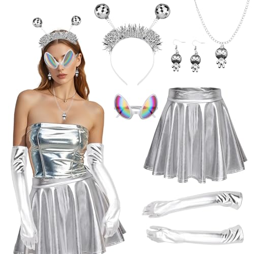 6 Stück Alien Kostüm Damen Set, Space Girl Kostüm Damen Weltraum Kostüm mit Alien Glitzerrock Haarreif Brille Handschuhe Ohrringe Halskette Alien Accessoires Für Fasching Maskerade Karneval Party 6 Stück Alien Kostüm Damen Set, Space Girl Kostüm Damen Weltraum Kostüm mit Alien Glitzerrock Haarreif Brille Handschuhe Ohrringe Halskette Alien Accessoires Für Fasching Maskerade Karneval Party von Orizizhic