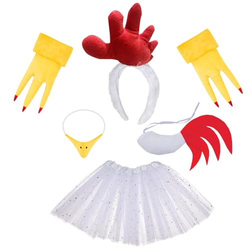 Orizizhic Hahn-Kostüm-Zubehör, Hühner-Kostüm, Erwachsenen-Set, mit Stirnband, Hühnerschwanz, Schnabel, Nase, Maske, Füße, Pailletten-Kleid für Cosplay, Karneval, Party, Halloween, Kostüm, 6 Stück von Orizizhic