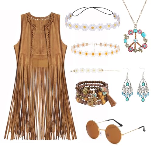 Orizizhic Hippie Kostüm Damen, 70er Jahre Faschingskostüm Fransenweste Brille Gänseblümchen Haarband Halskette Armband Peace Halskette Vintage Ohrringe Lagen Armband Hippie Kostüm für Karneval Party Orizizhic Hippie Kostüm Damen, 70er Jahre Faschingskostüm Fransenweste Brille Gänseblümchen Haarband Halskette Armband Peace Halskette Vintage Ohrringe Lagen Armband Hippie Kostüm für Karneval Party von Orizizhic