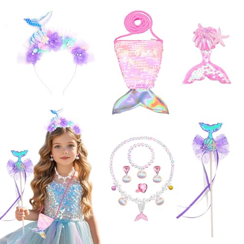 8 Pcs Meerjungfrau Schmuckset Mädchen Set, Meerjungfrau Kostüm Mädchen mit Haarreif Halskette Ohrringe Armbänder Ringe Meerjungfrauenflosse Tasche für Kinder Geburtstag Party Karneval Cosplay von Orizizhic