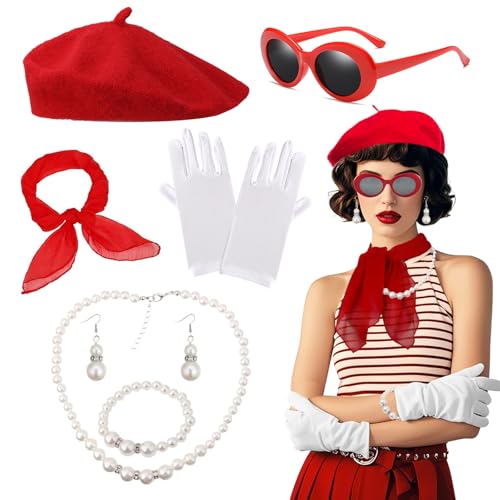 Orizizhic 7 STÜCK 50er Jahre Accessoires Damen, Rockabilly Accessoires Damen Franzosen Kostüm mit Baskenmütze Rot Sonnenbrillen Schals Handschuhe Halsketten Armbänder Ohrringe Vintage Party Cosplay Orizizhic 7 STÜCK 50er Jahre Accessoires Damen, Rockabilly Accessoires Damen Franzosen Kostüm mit Baskenmütze Rot Sonnenbrillen Schals Handschuhe Halsketten Armbänder Ohrringe Vintage Party Cosplay von Orizizhic