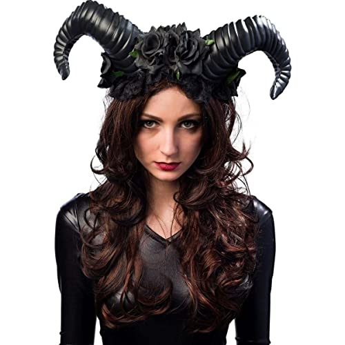Orlob Teufelshörner mit Blumen - Schwarz - Haarreif perfekt zum Böse Königin, Dunkle Fee, Dämon, Teufel Kostüm an Halloween, Fasching, Motto Party oder Karneval von Orlob