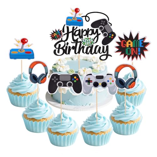 25 Stück Videospiel Muffin Tortendeko, Gaming Geburtstags Cupcake Topper, Video Gaming Kuchen Deko, Videospiel Thema Muffin Dekoration für Jungen Kindergeburtstag Spiel Thema Party Dekoration von Ormromra
