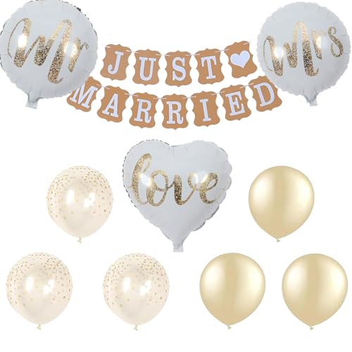 Hochzeitsdeko Set, Just Married Girlande Banner mit 9 Ballons, Mr und Mrs Heliumballons, Konfetti Luftballons für Hochzeit Dekoration, Brautdusche Hochzeitsdeko Set, Just Married Girlande Banner mit 9 Ballons, Mr und Mrs Heliumballons, Konfetti Luftballons für Hochzeit Dekoration, Brautdusche von Ormromra